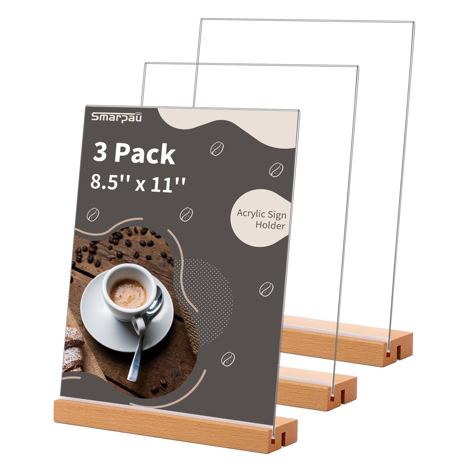 Smarpau 8.5 X 11 Acrylic Sign Holder 3 Pack Slanted Sign Holder With L/T Shape 2 In 1 Wood Base Table Sign Holders Clear Plastic