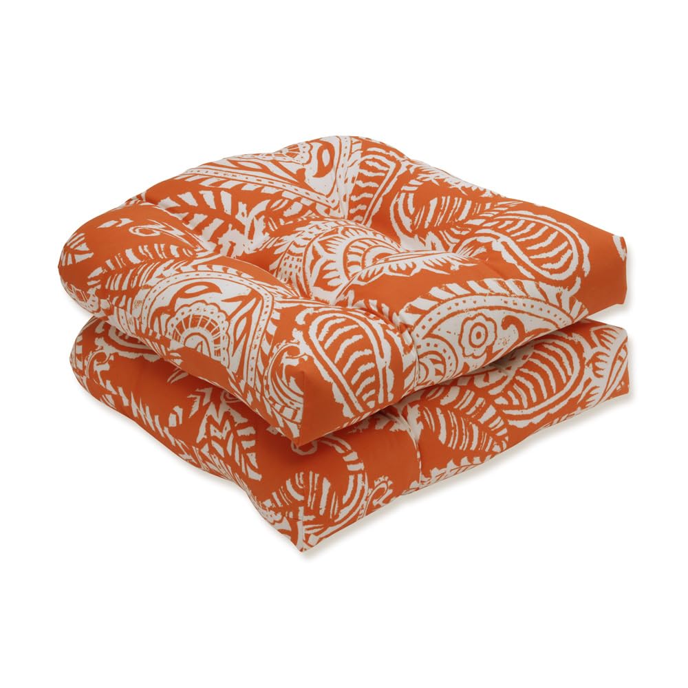 Pillow Perfect Paisley Indoor/Outdoor Chair Seat Cushion, Tufted, Weather, And Fade Resistant, 19' X 19', Orange/Ivory Addie,
