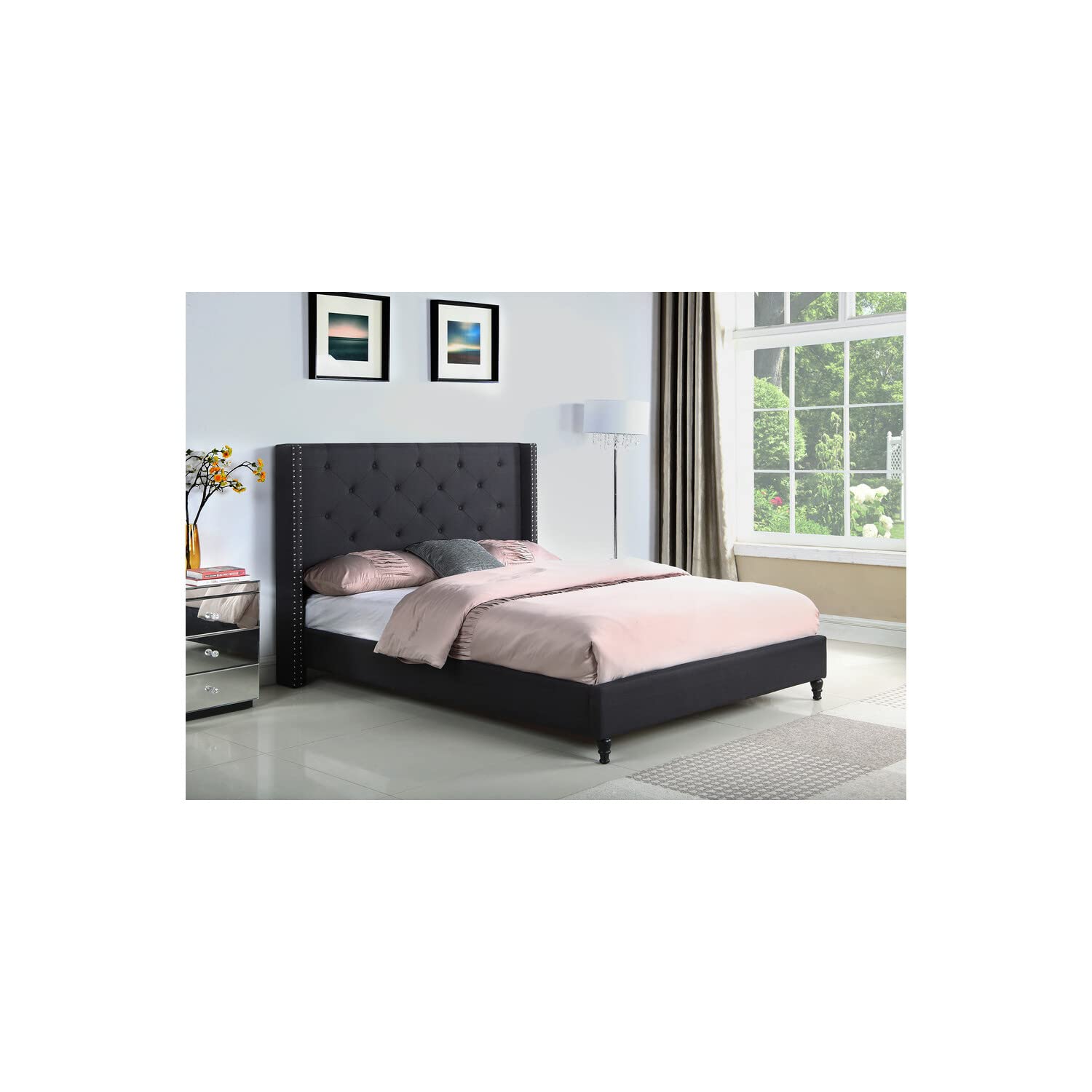 Best Master Furniture Vero Tufted Wingback Platform Bed, Queen, Black