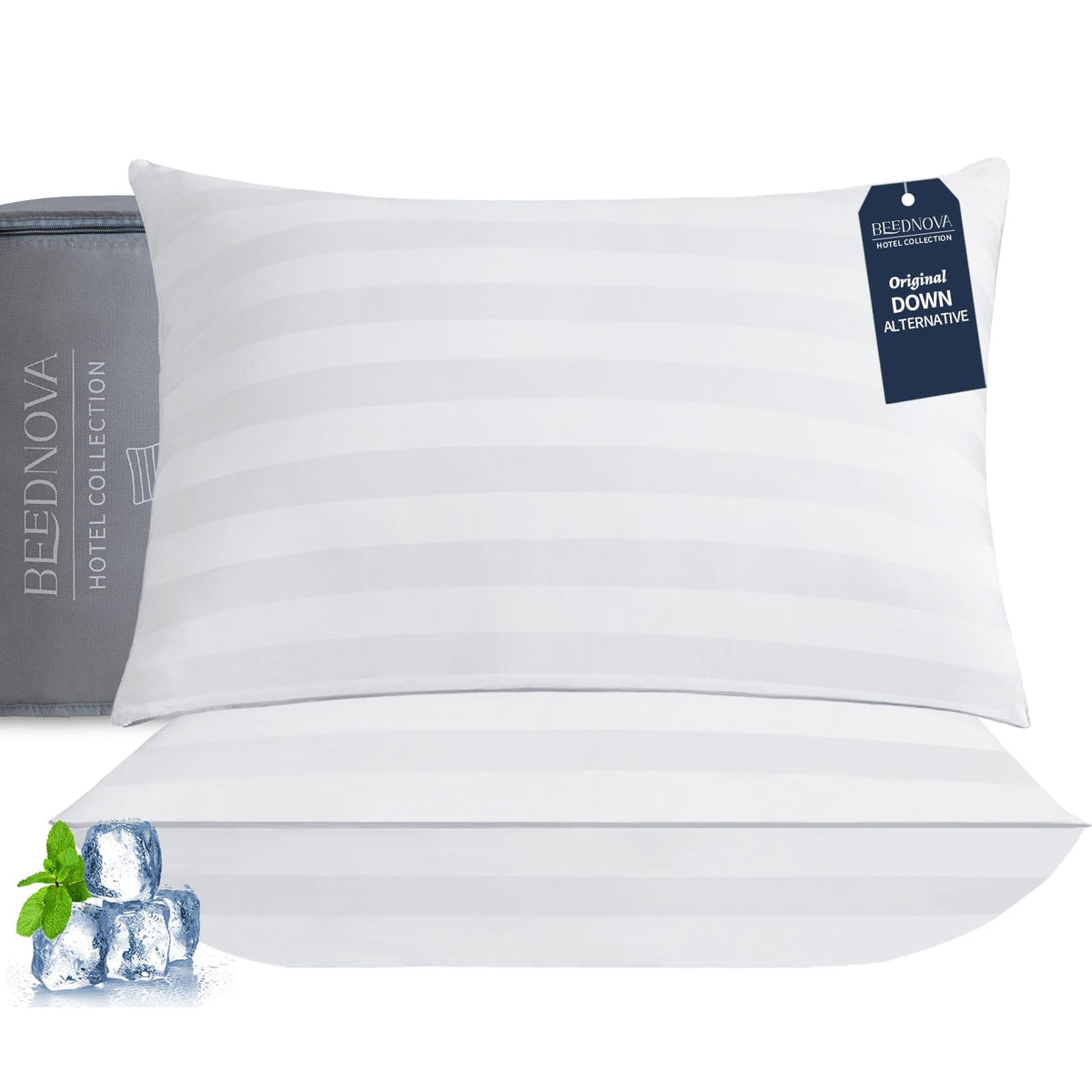 Beednova Pillows Standard Size Set of 2 (White Stripe), Cooling Hotel Quality, Gusseted Pillow for Back, Stomach or Side Sleeper