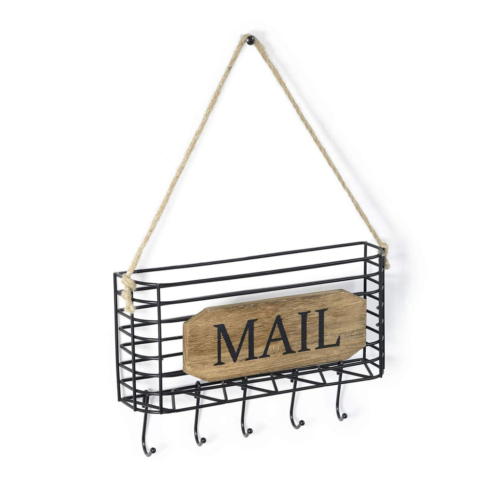 Sriwatana Mail Organizer Wall Mount, Rustic Mail Holder Key Holder For Wall With Hooks, Small Size, Carbonized Black