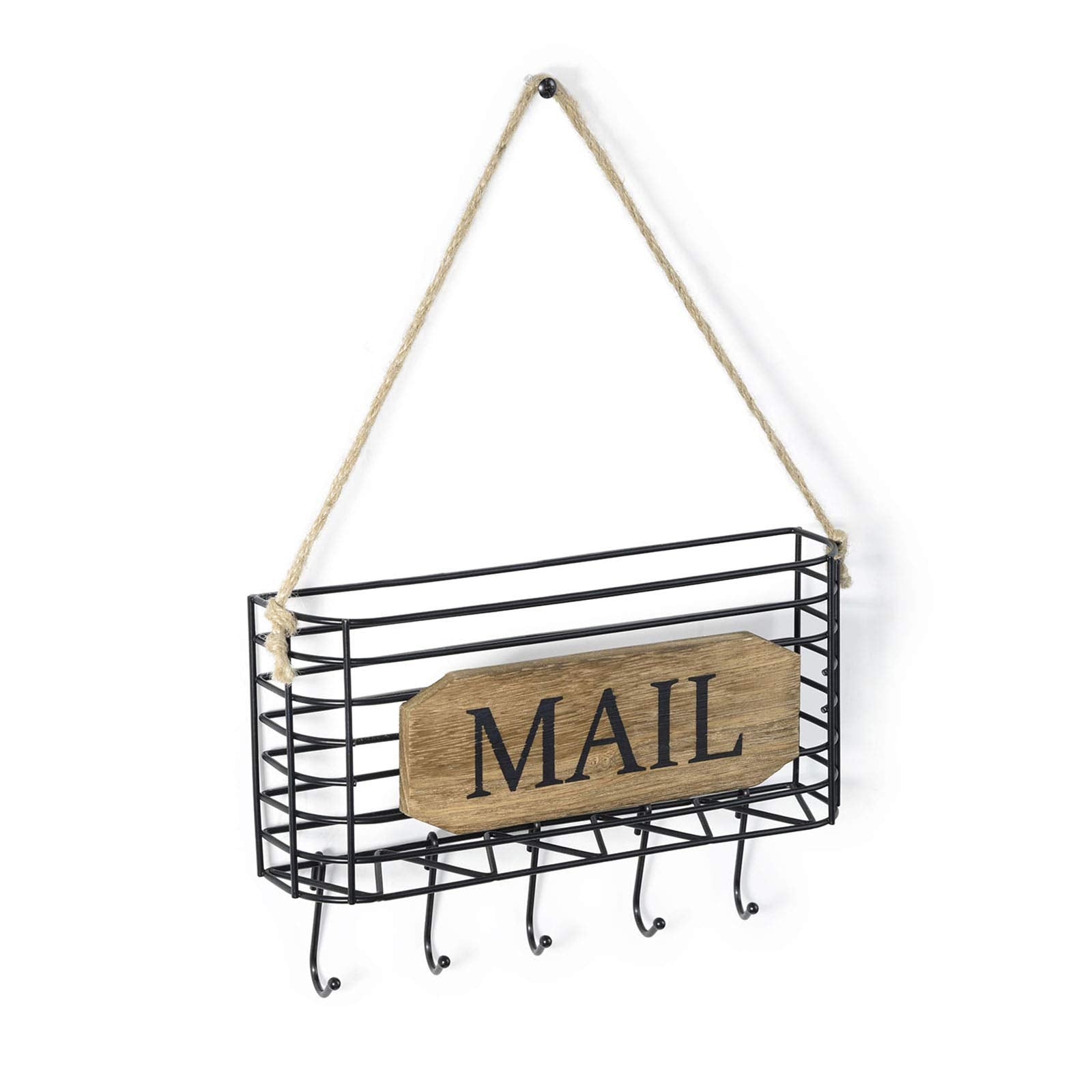 Sriwatana Mail Organizer Wall Mount, Rustic Mail Holder Key Holder For Wall With Hooks, Small Size, Carbonized Black