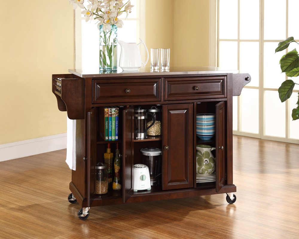 Crosley Furniture Full Size Stainless Steel Rolling Kitchen Island Storage Cart, Microwave Stand, Spice Rack, Mahogany