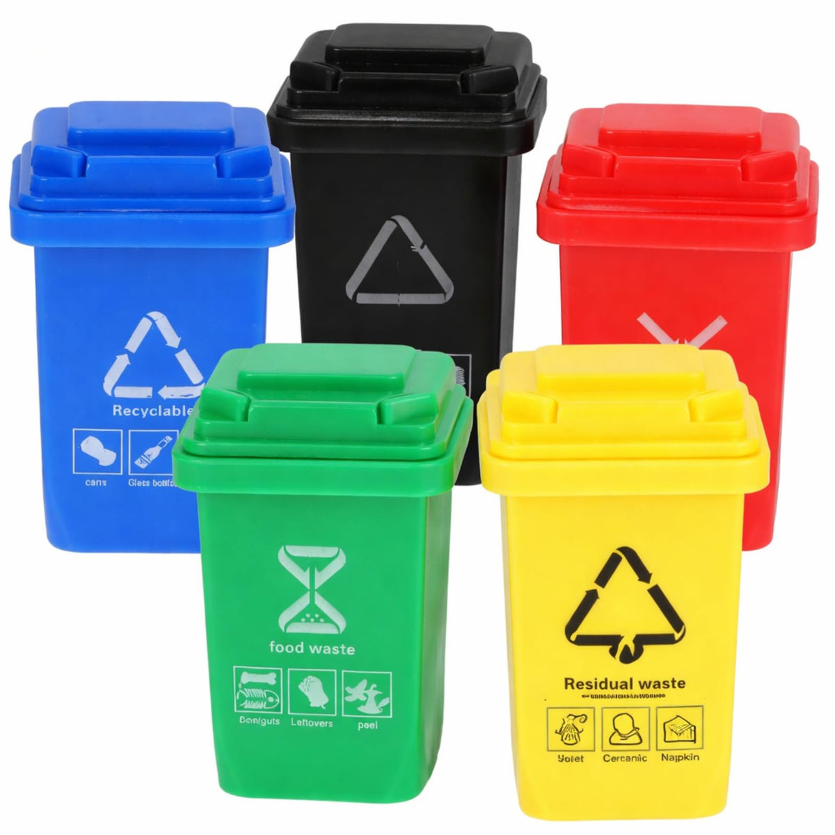 WNHNO 5Pcs Colorful Tiny Recycle Bin for Desk, Garbage Trash Pen Holder, Recycle Bin Pencil Holder, Miniature Garbage Trucks Tr