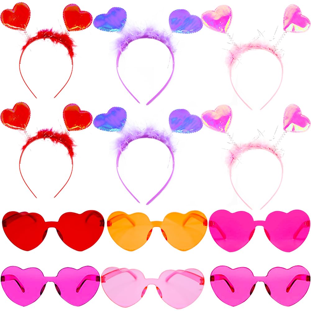 CAMIRUS 12Pcs Valentines Day Heart Headbands and Heart Shaped Sunglasses, 6Pcs Valentines Love Shaped Head Boppers and 6Pcs Glas