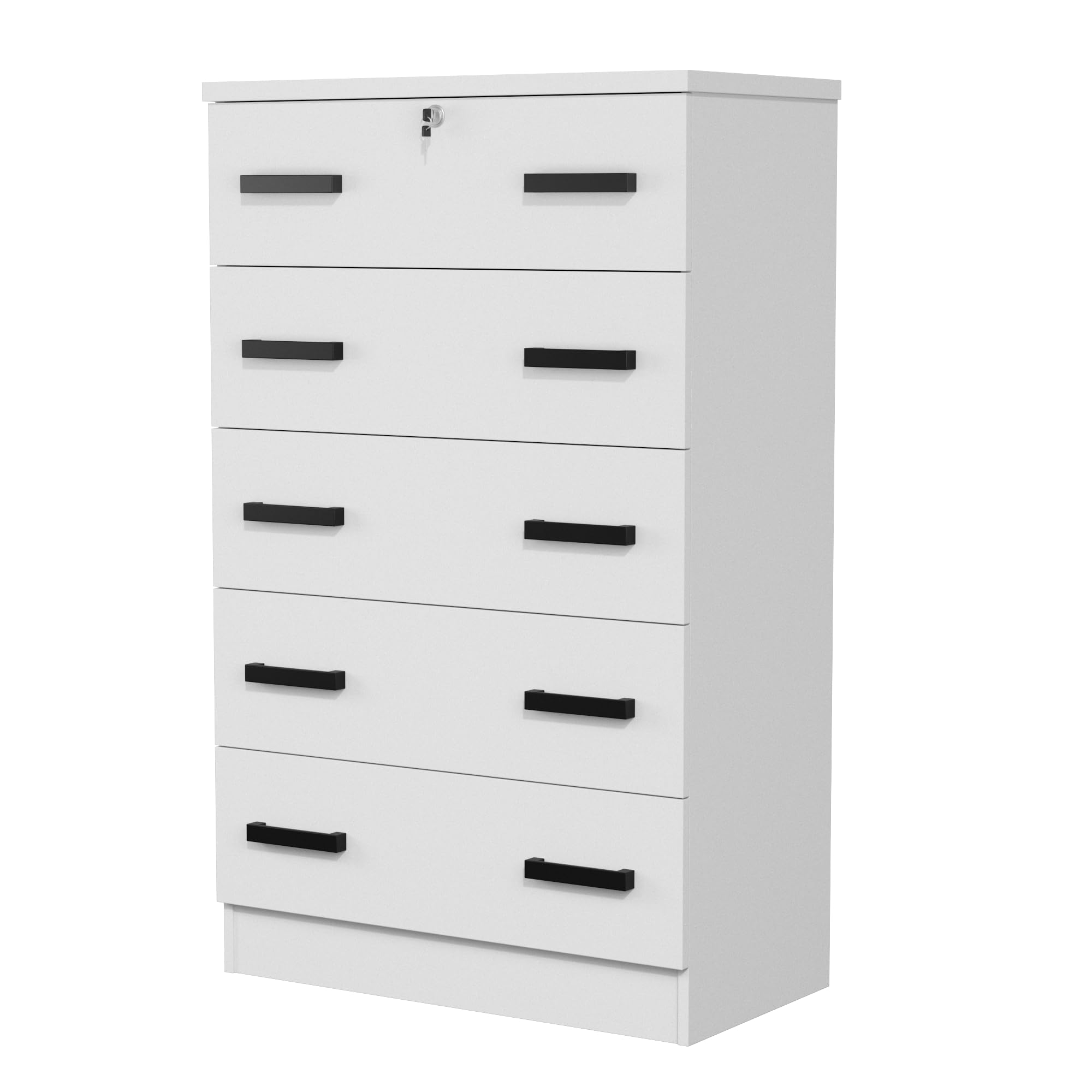 Cindy 5 Drawer Chest Wooden Dresser with Lock (White)