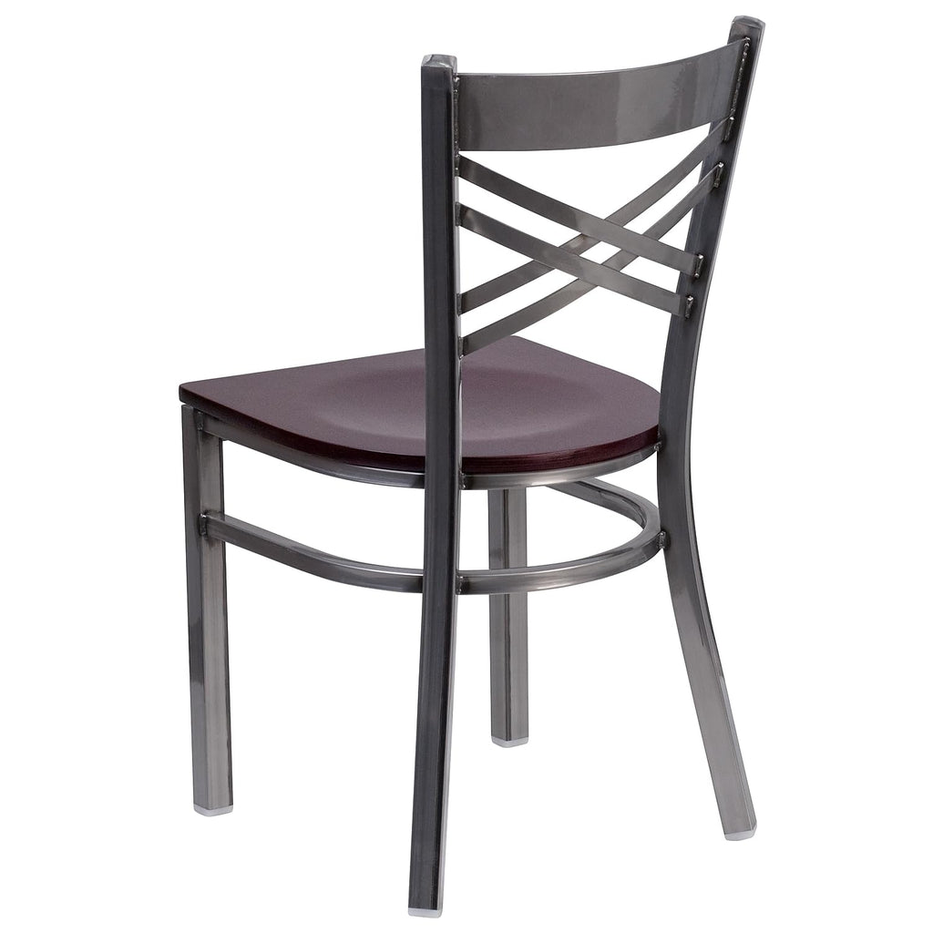 Flash Furniture Hercules Series Clear Coated ''X'' Back Metal Restaurant Chair - Mahogany Wood Seat
