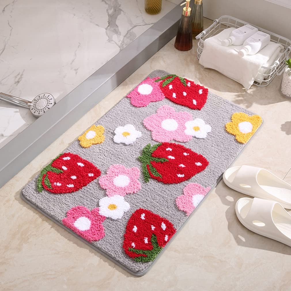 LIKETN Soft Cozy Strawberry Bathroom Rugs Cute Bath Mat Doormat Non Slip Washable Shaggy Bedroom Runner Rug Funny Flower Absorbe