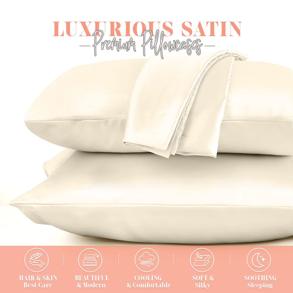 Elegant Comfort Silky And Luxurious 2-Piece Satin Pillowcase Set For Healthier Skin And Hair, Hidden Zipper Closure And Beautifully Packaged, Satin Pillowcase Set, King, Cream