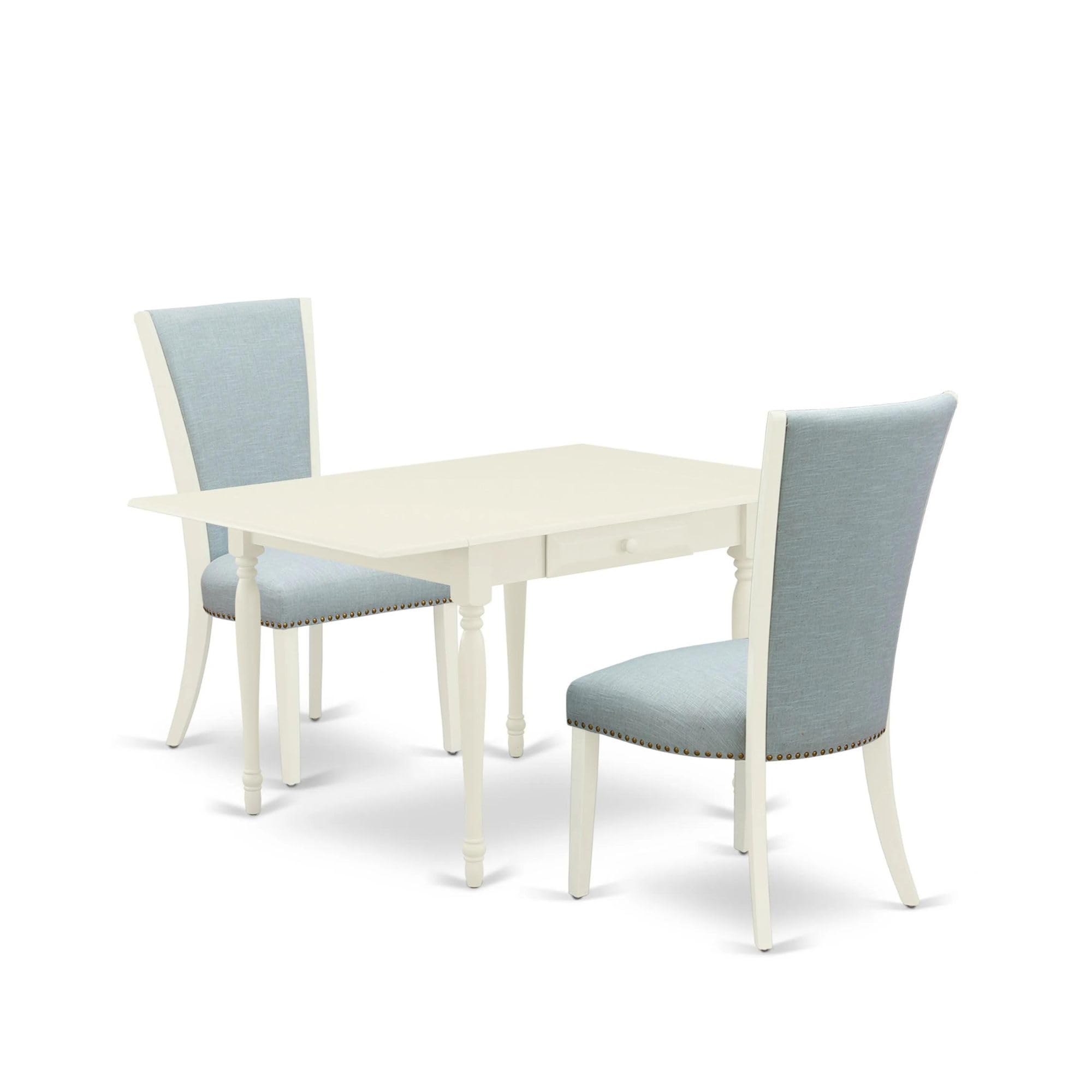 East West Furniture Mzve3-Lwh-15 3 Piece Dining Room Table Set Contains A Rectangle Kitchen Table With Dropleaf And 2 Baby Blue Linen Fabric Parson Dining Chairs, 36X54 Inch, Linen White