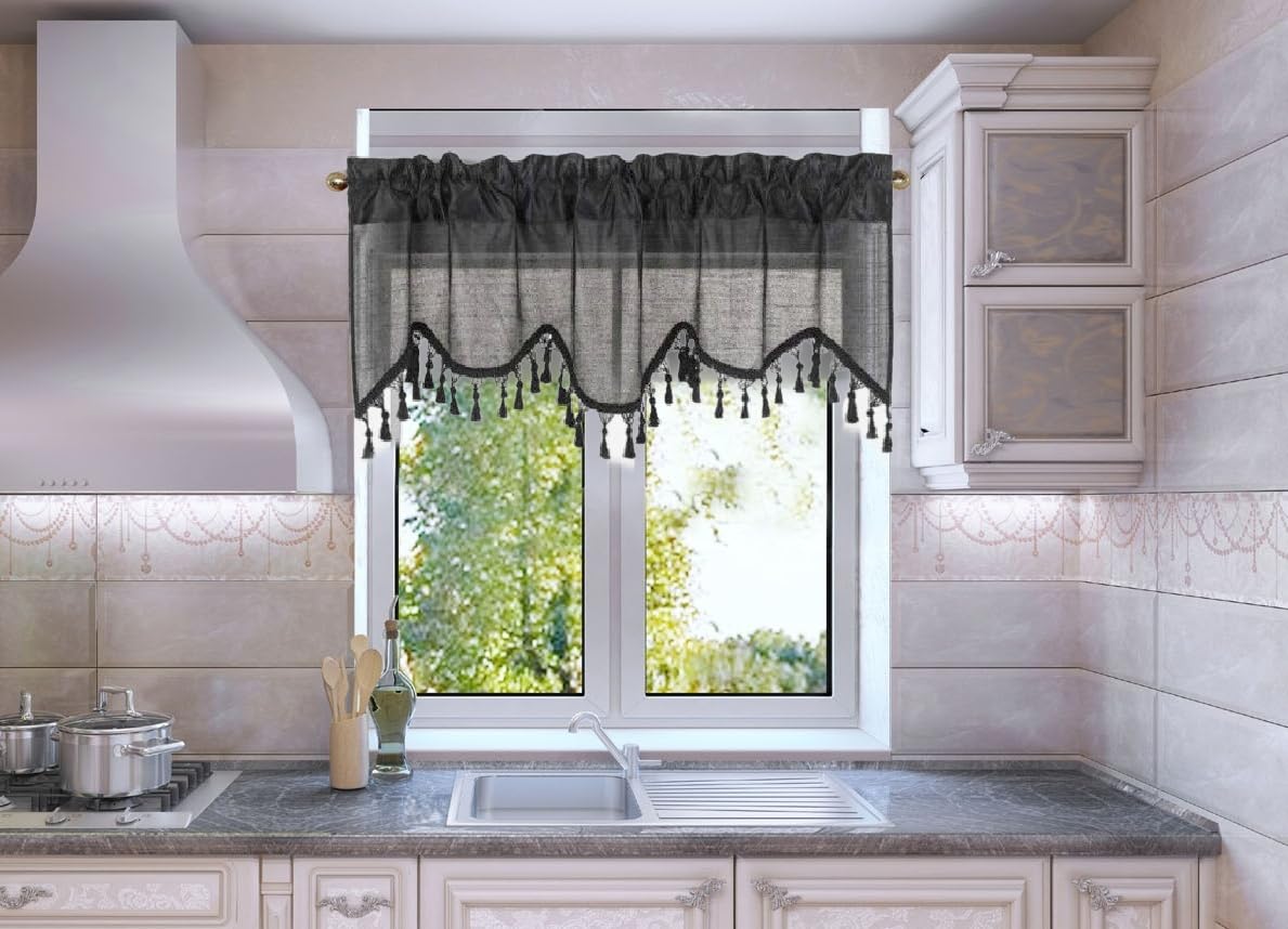 Solid Faux Silk Swag Waterfall Cascade Ascot Window Curtain Valance W/Tassels Trim 55' X18' Wave (1, Charcoal Grey)