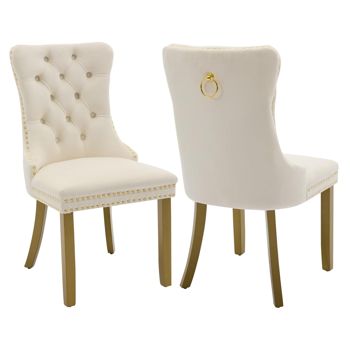 Velvet Dining Chairs Set Of 2, Kitchen & Dining Room Chairs, Upholstered Dining Chairs With Back Ring Pull And Golden Solid Wood