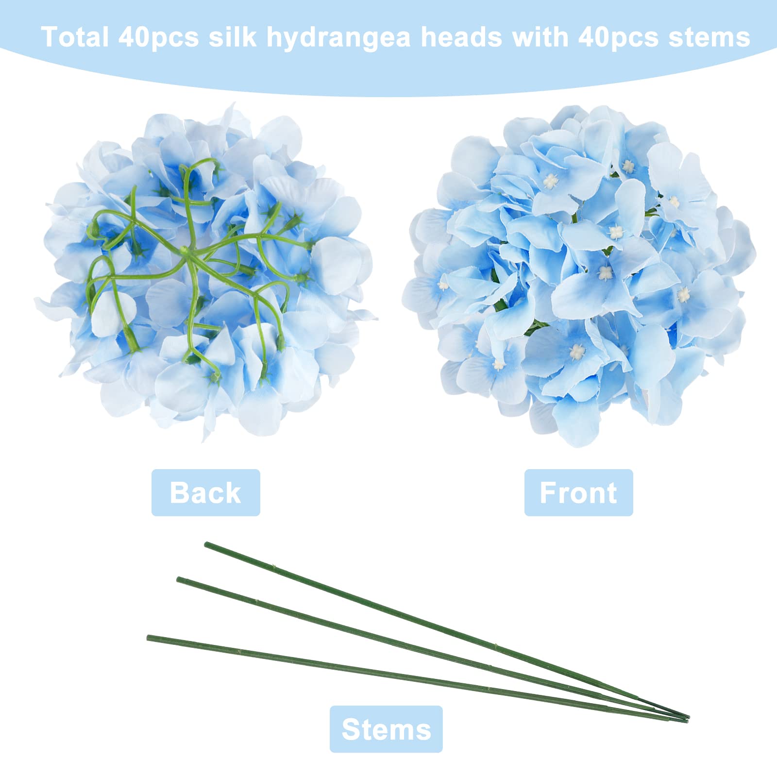 Jpsor 40Pcs Artificial Hydrangea Silk Flower Heads With Stems, Fake Flowers For Wedding Centerpiece Home Garden Party Decoration