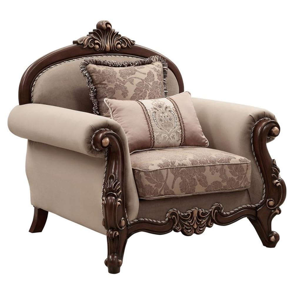 Acme Mehadi Rolled Arm Chair with 2 Pillows in Walnut