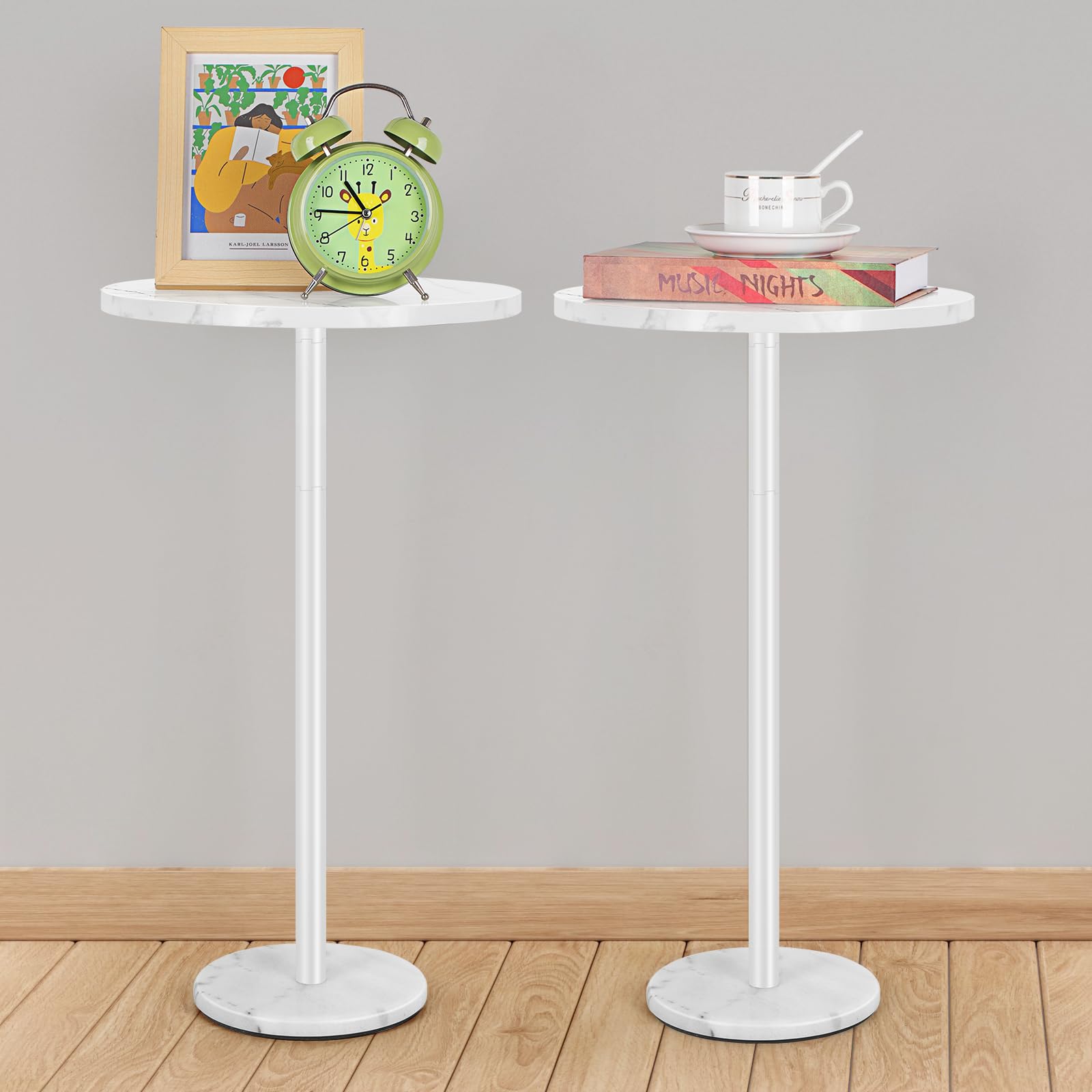 White Round Side Table Small End Table Set of 2 Modern Accent Table Pedestal Drink Table with Marble Base for Small Spaces Livin