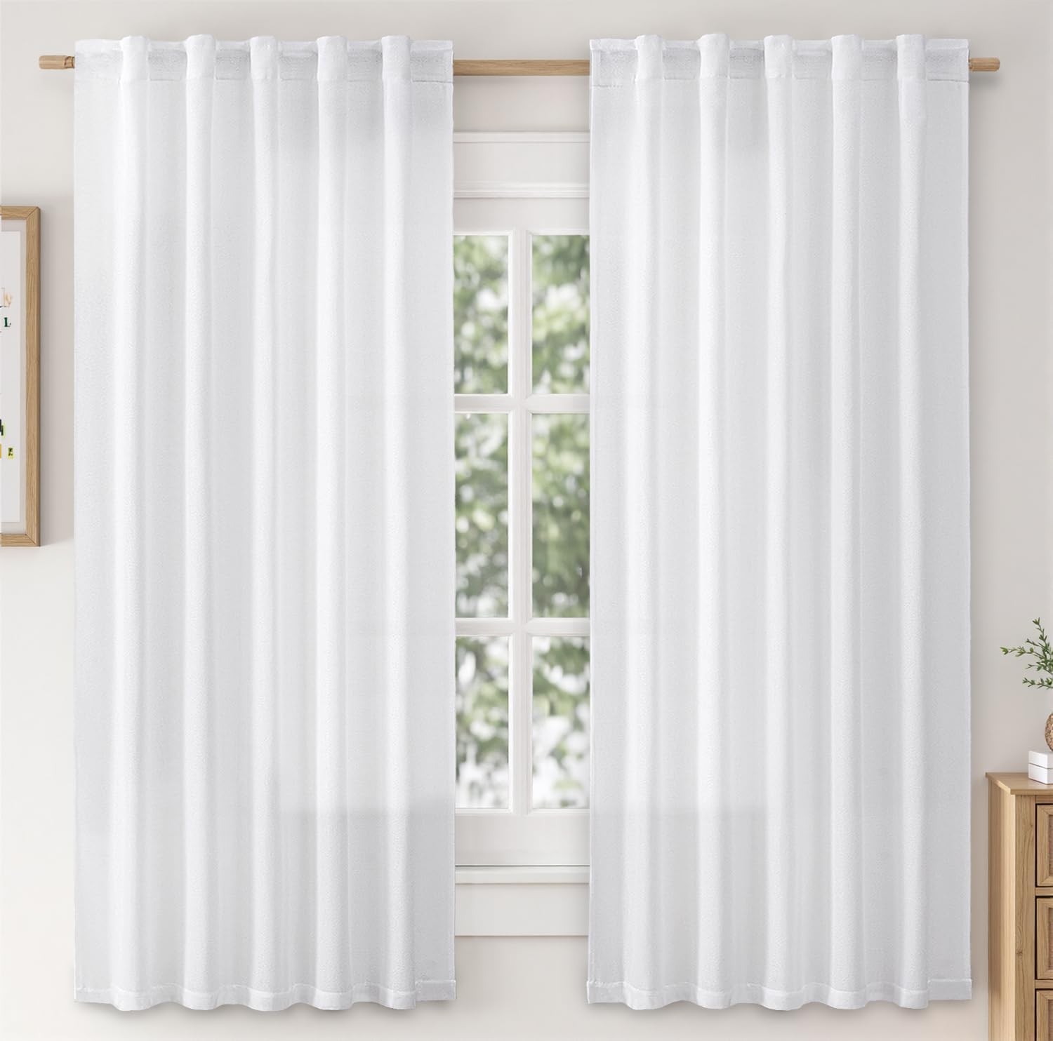 MIULEE Faux Linen Curtains 63 Inch Length 2 Panels Natural White Semi Sheer Curtain with Back Tab Rod Pocket, Light Filtering Wi