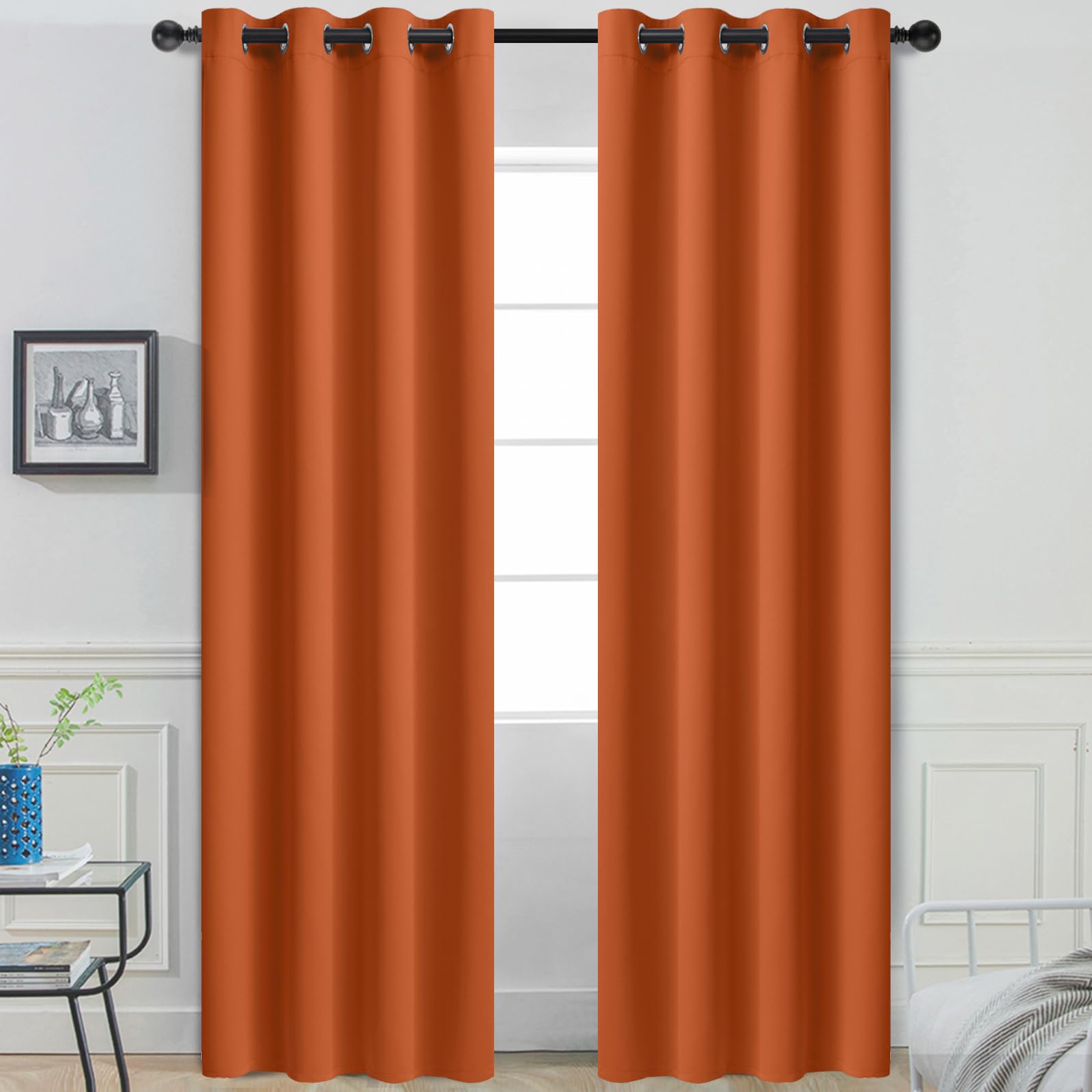 Yakamok Room Darkening Orange Blackout Curtains Thermal Insulated Grommet Curtain Panels For Bedroom, 52W X 84L, Burnt Orange, 2