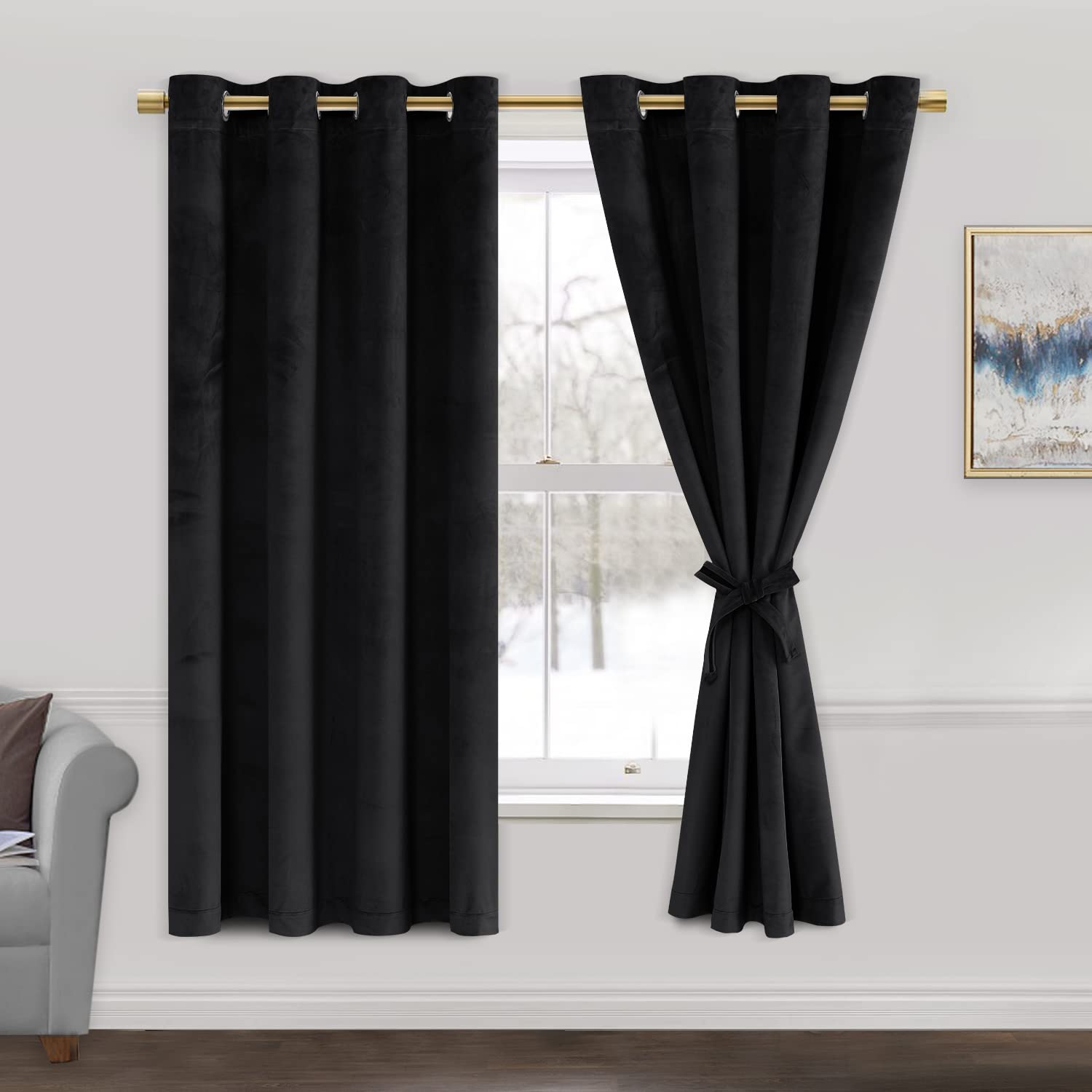 Jiuzhen Black Velvet Curtains 63 Inch - 2 Panels Of Soft And Smooth Luxury Velvet Curtains Room Darkening Heat Blocking Grommet