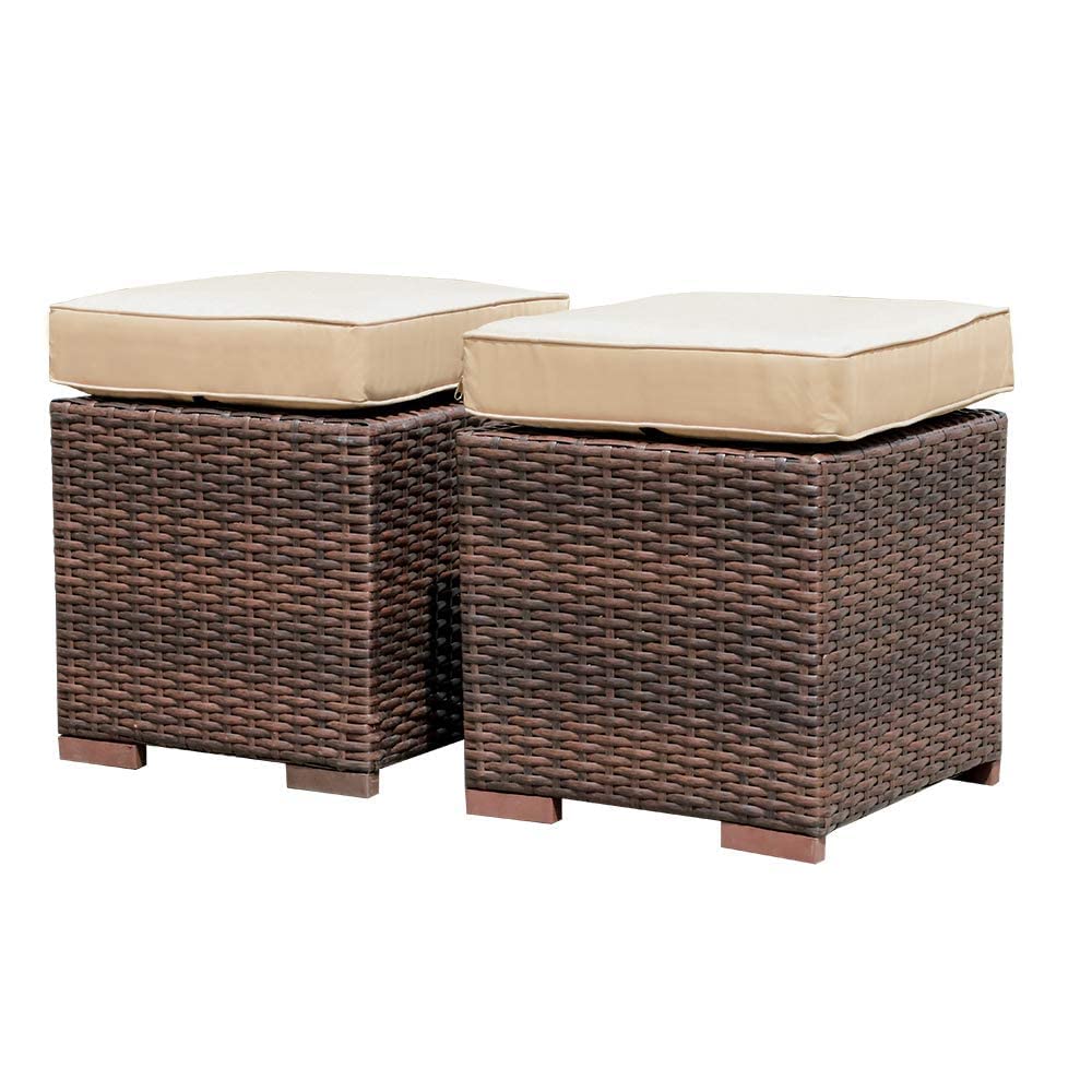 Patiorama 2 Pieces Assembled Outdoor Patio Ottoman, Indoor Outdoor All-Weather Dark Brown Wicker Rattan Outdoor Footstool Footre