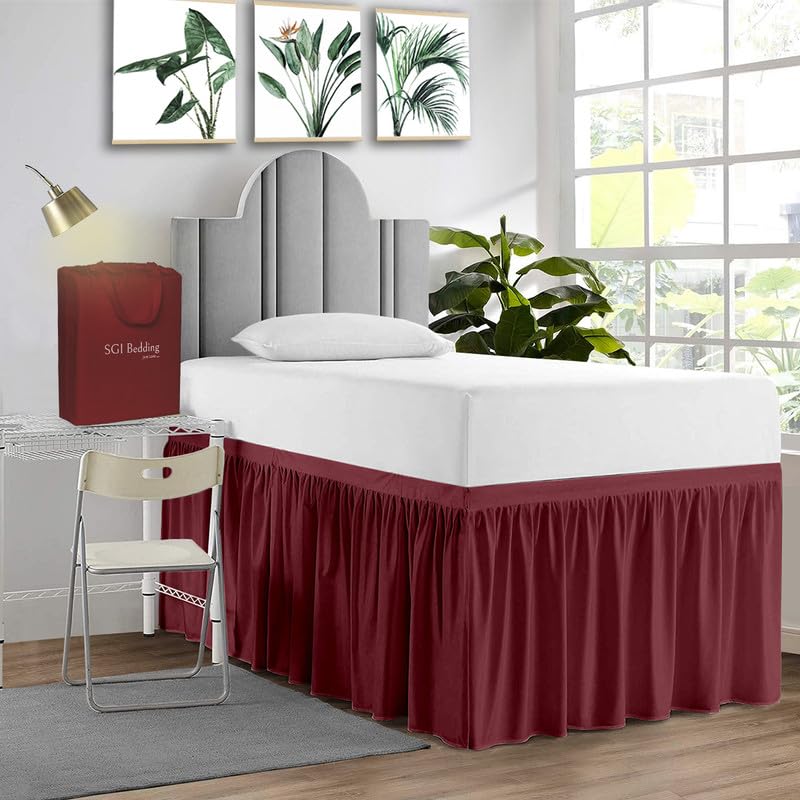 Sgi Bedding Dorm Bed Skirt Twin Xl 40 Inch Drop Length - Burgundy, Ruffled Pattern College Dorm Room Bed Skirts - Split Corner,