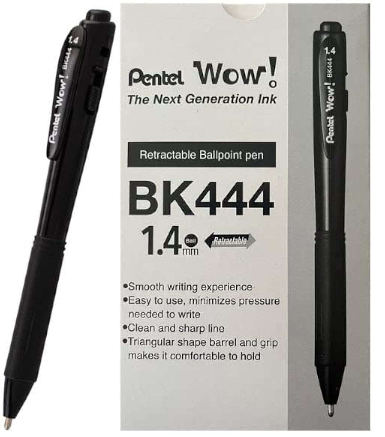 Pentel Wow! Retractable Super Smooth Ballpoint Pen, (1.4Mm) Bold Line, Triangular Barrel, Black Ink, 12 Pack