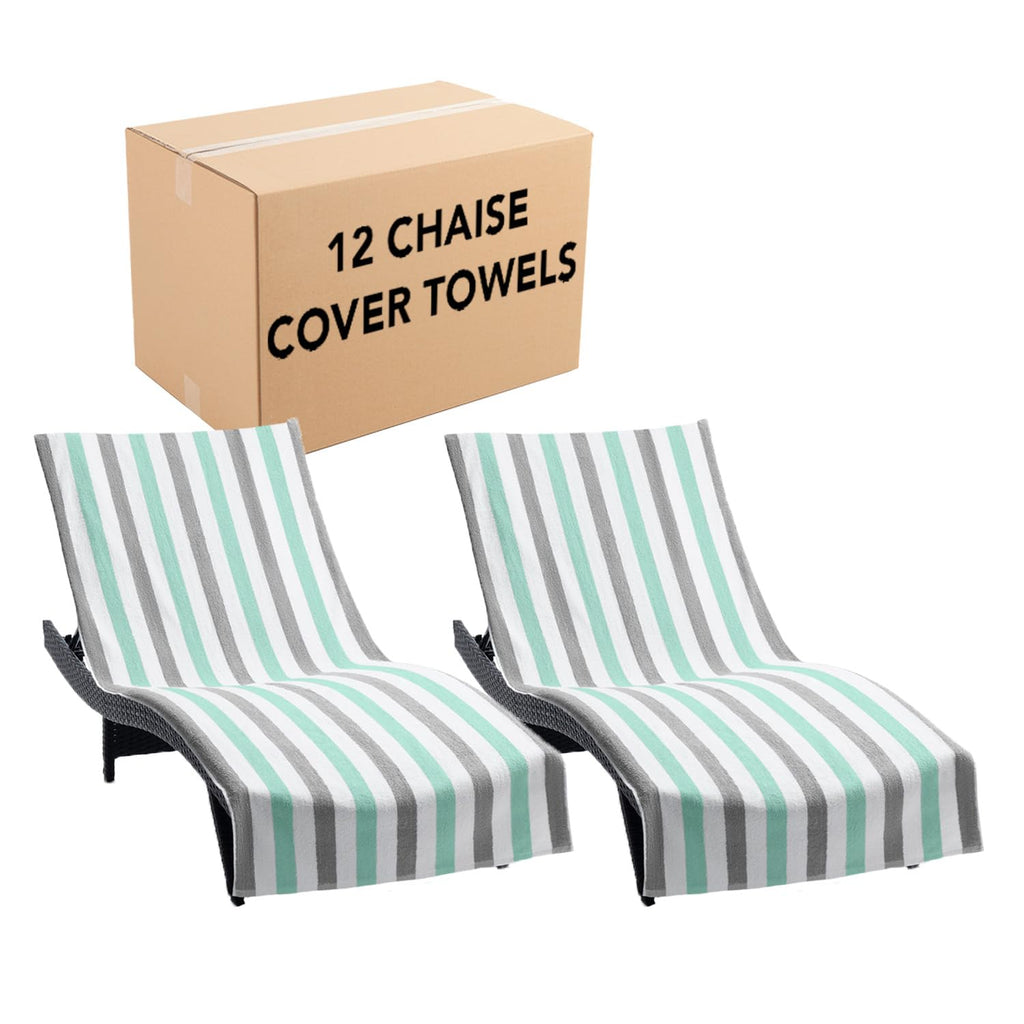 Arkwright Cabo Chaise Lounge Cover - Case Of 12 - Striped Soft Cotton Cabana Towel With Pocket Holder For Beach Pool Outdoor Chair, 30 X 85 In., Grey/Mint