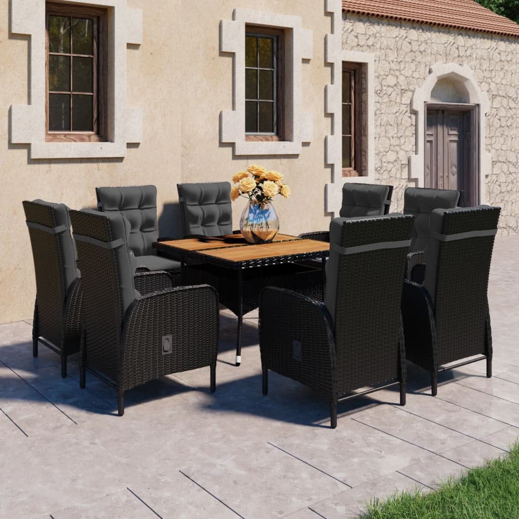 vidaXL 9 Piece Patio Dining Set Poly Rattan and Acacia Wood Black