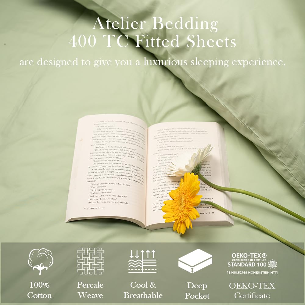 Atelier Bedding 100% Cotton Fitted Sheet 400 Thread Count 15'' Deep Pockets Soft & Silky Cool Luxury Percale Weave For Home & Ho