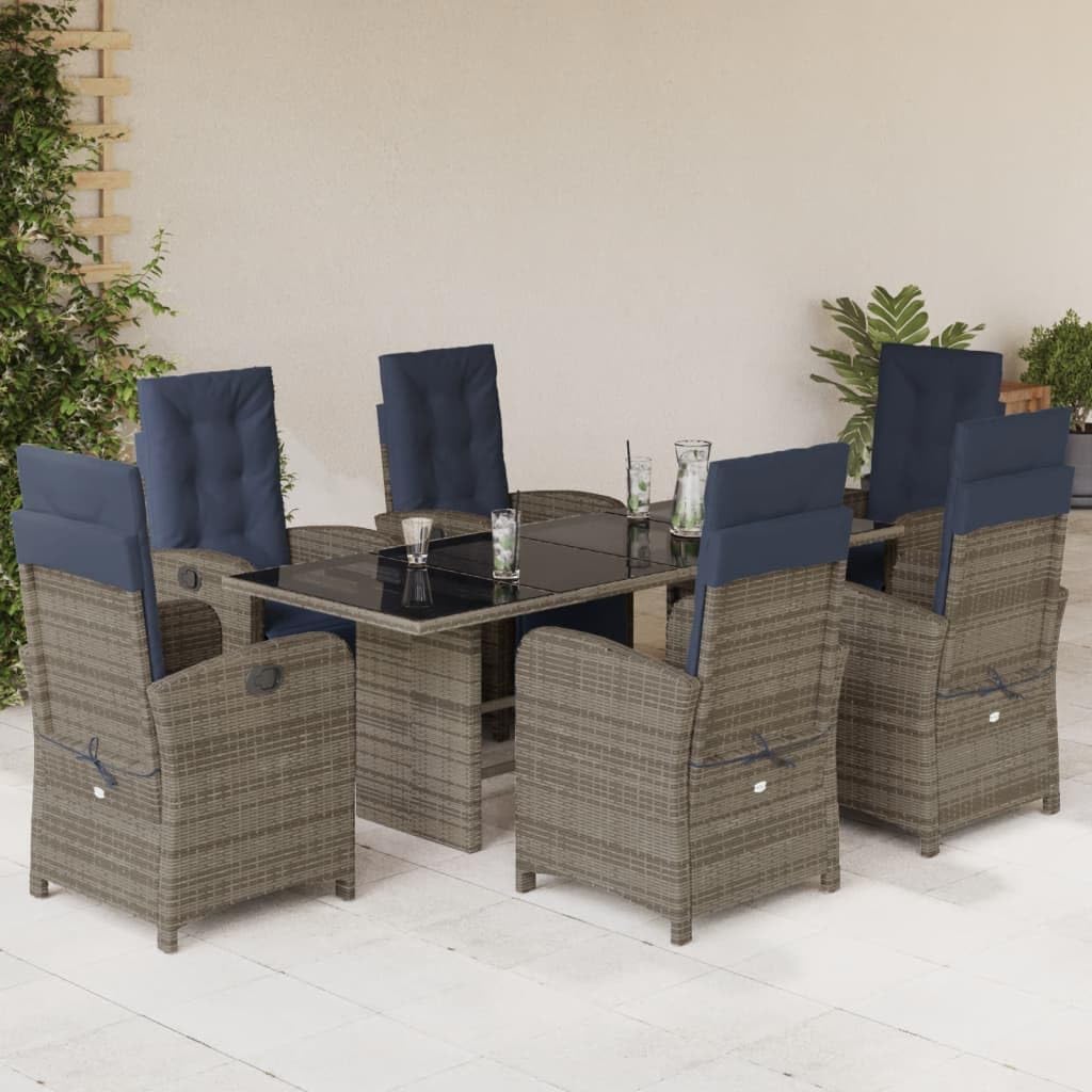 vidaXL 7-Piece Gray Poly Rattan Patio Dining Set with Navy Cushions - Adjustable Recliner Chairs & Tempered Glass Tabletop for Garden/Outdoor/Balcony