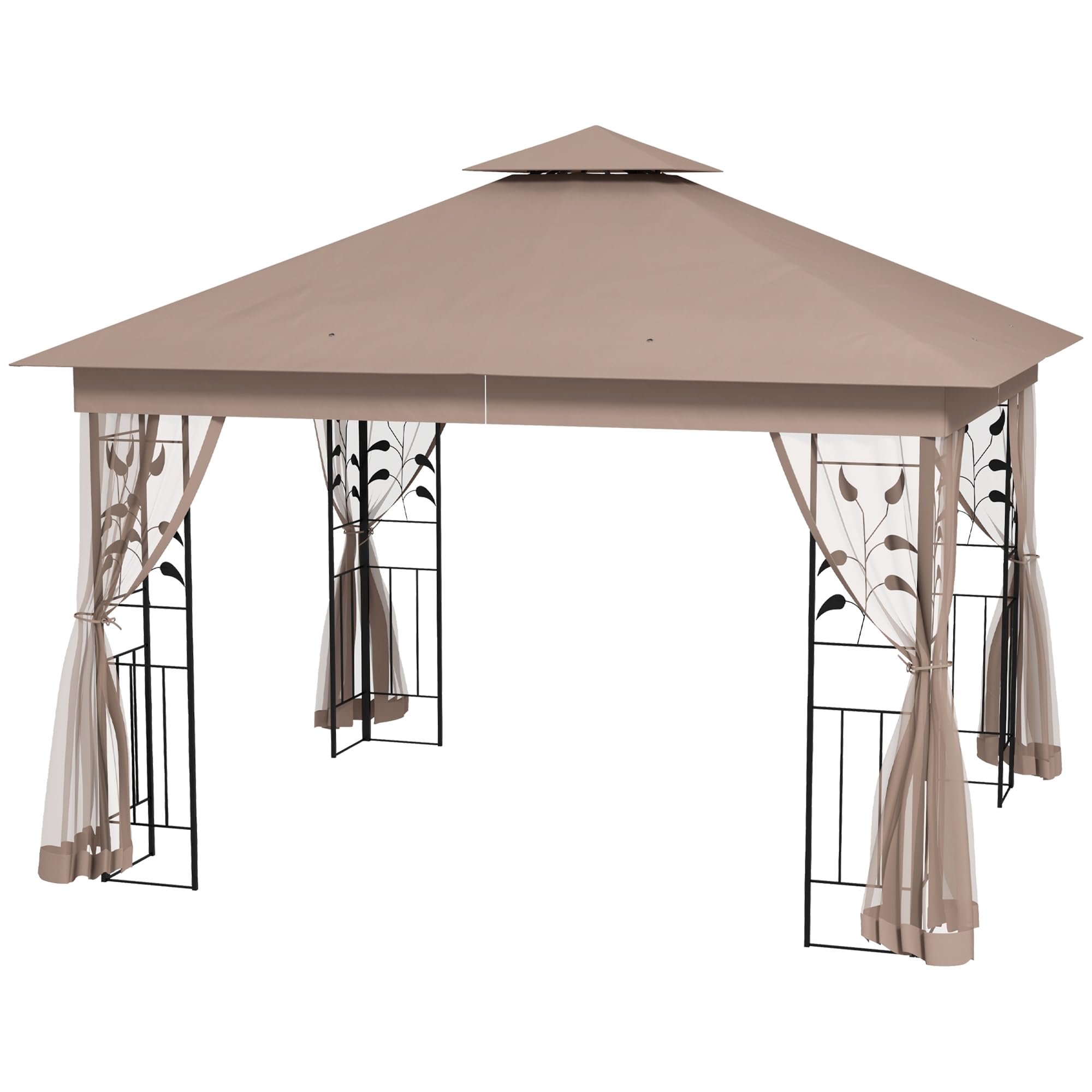 Outsunny 10' X 11.5' Metal Patio Gazebo, Double Roof Outdoor Gazebo Canopy Shelter With Tree Motifs Corner Frame And Netting, Fo