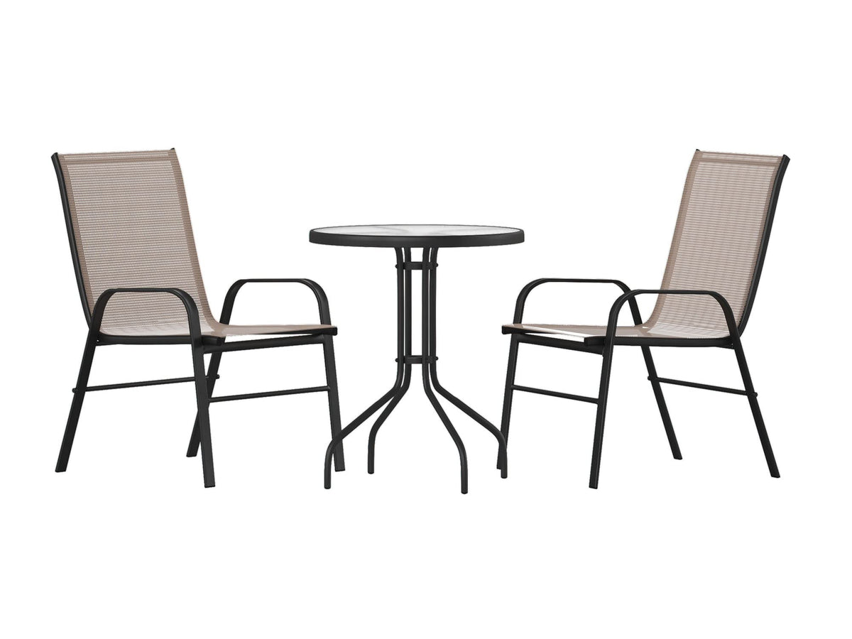 Flash Furniture Brazos 3 Piece Outdoor Patio Dining Set - 2 Brown Flex Comfort Stack Chairs - 23.75&quot; Round Tempered Glass Patio Table