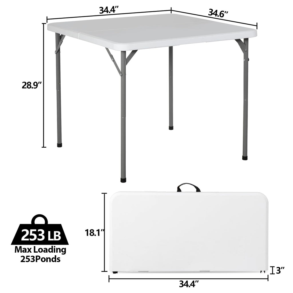 Super Deal 3 Foot Square Folding Card Table, Indoor Outdoor Portable Plastic Heavy Duty Fold-In-Half Puzzles Camping Picnic Party Table With Carrying Handle, White