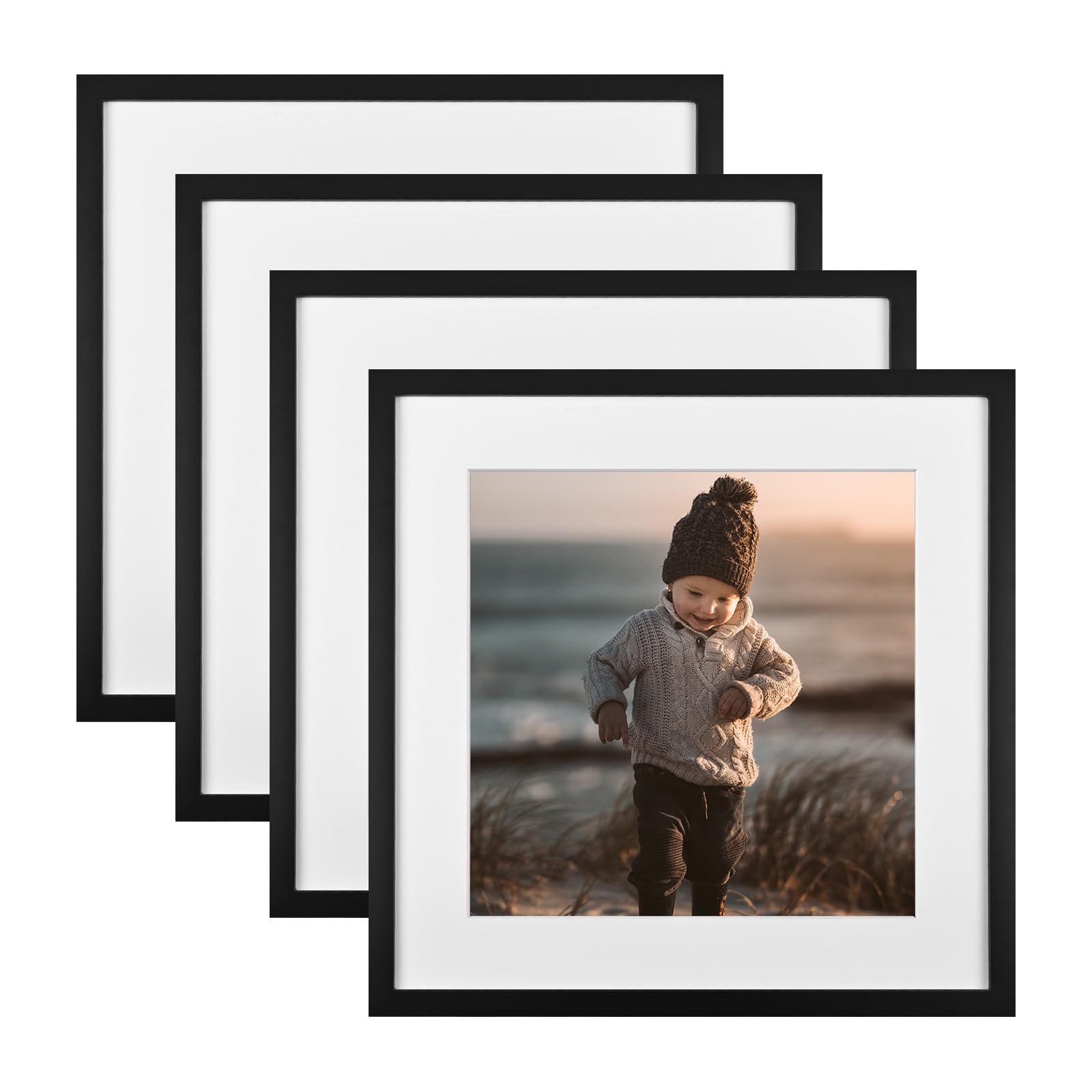 KINLINK 16x16 Square Picture Frames Black, Solid Wood Frames with Acrylic Plexiglass for Pictures 12x12 With Mat Wall Mounting D