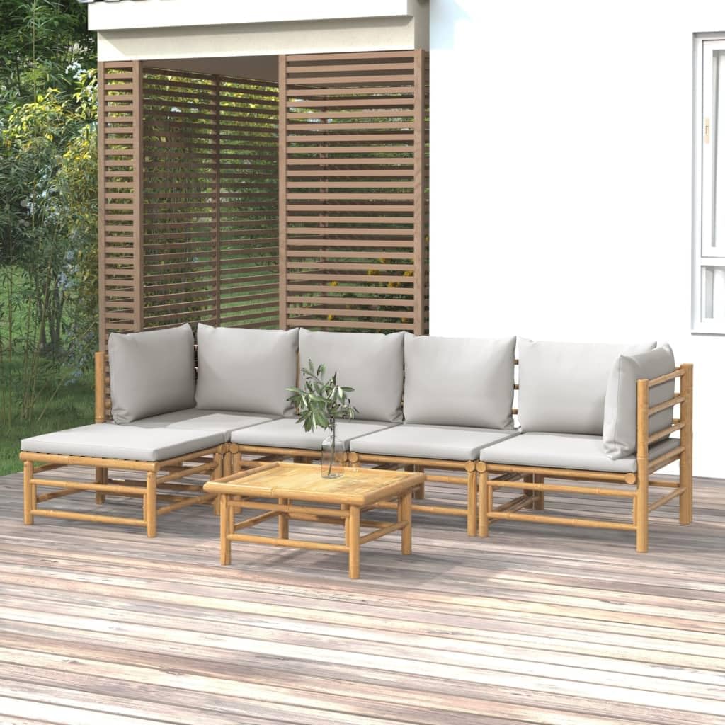 vidaXL Bamboo 6-Piece Patio Lounge Set with Light Gray Cushions - Comfortable Design with Backrest and Armrest - Flexible Configuration for Personalized Outdoor Layout