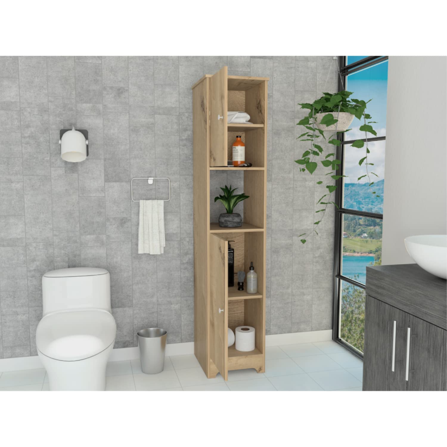 Double Door Cabinet 68.8H, 4 Interior Shelves, 1 Open Shelf, Light Oak