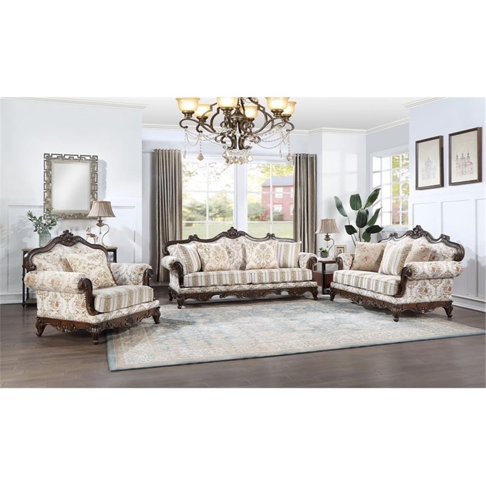Acme Nayla Fabric Floral Upholstered Rolled Arms Sofa with 4 Pillows Walnut