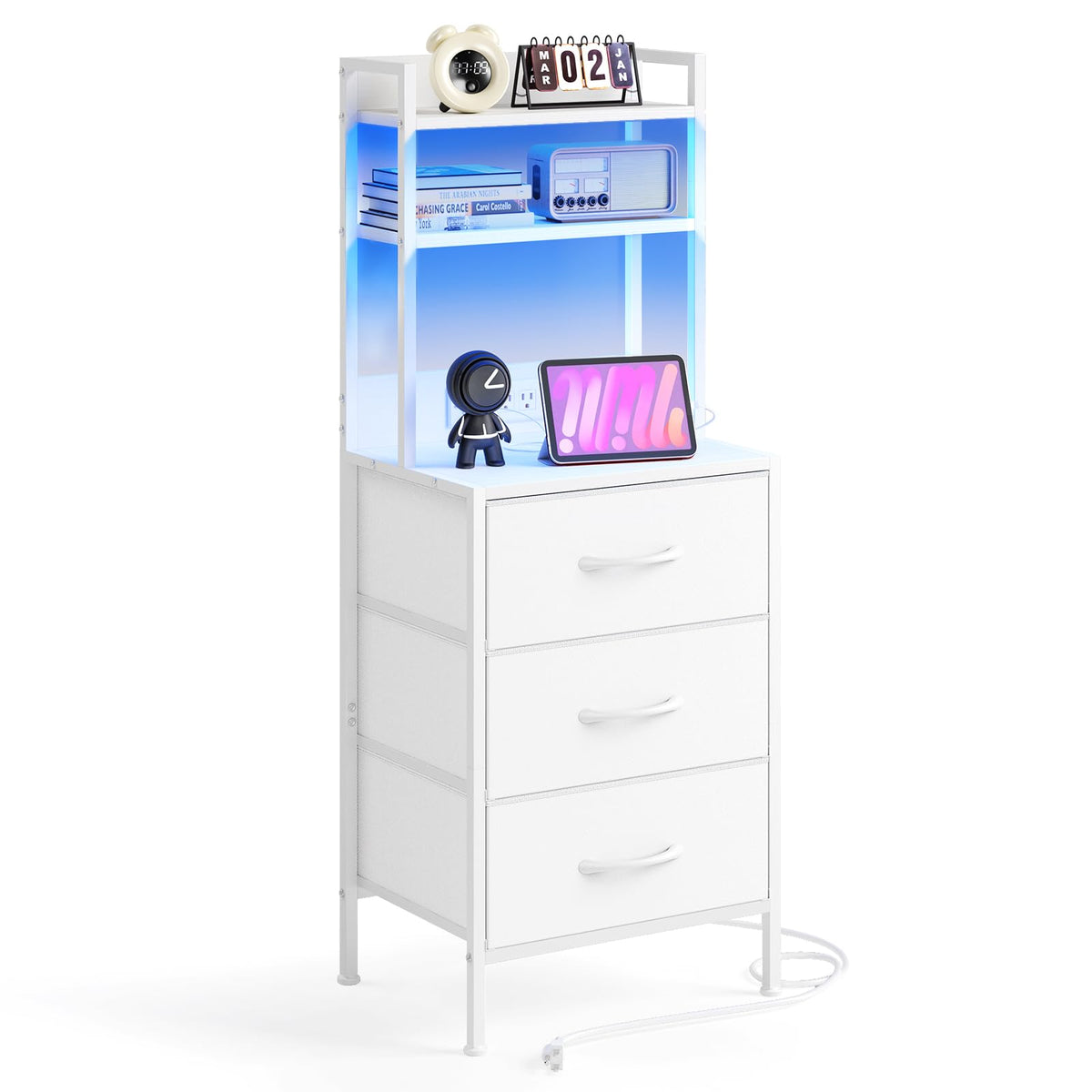 Fixwal Tall Nightstand with Charging Station, 41 Inch Led Night Stand with USB Port & Socket, 3 PU Finished Fabric Storage Drawe
