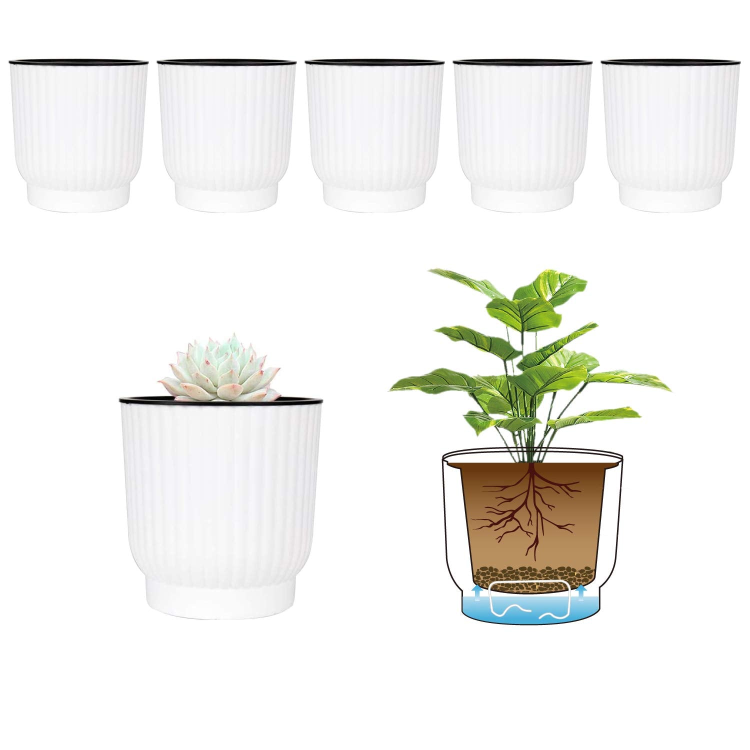 T4U 4 Inch Self Watering Pots For Indoor Plants, 6 Pack White Plastic Flower Pots For All House Plants, Flowers, African Violets