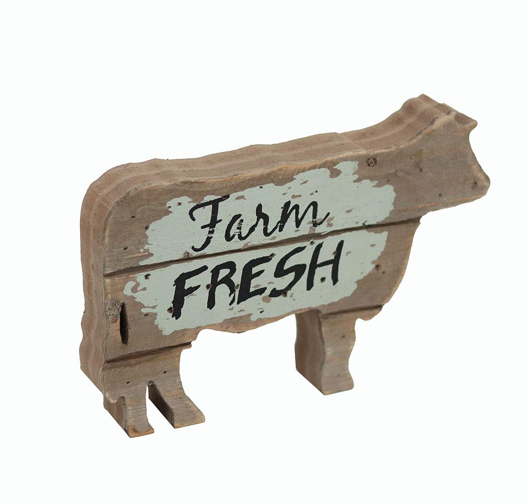 Parisloft Farm Fresh Wood Cow Shaped Sign Tabletop Decor, Carved Cow Statue Home Decor, Animal Sculpture Decorations