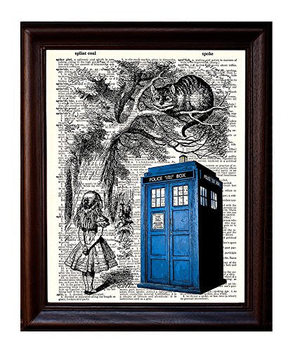 Dictionary Art Print - Tardis, Alice, and Cheshire Cat - Printed on Recycled Vintage Dictionary Paper - 8.5x11 - Mixed Media Pos