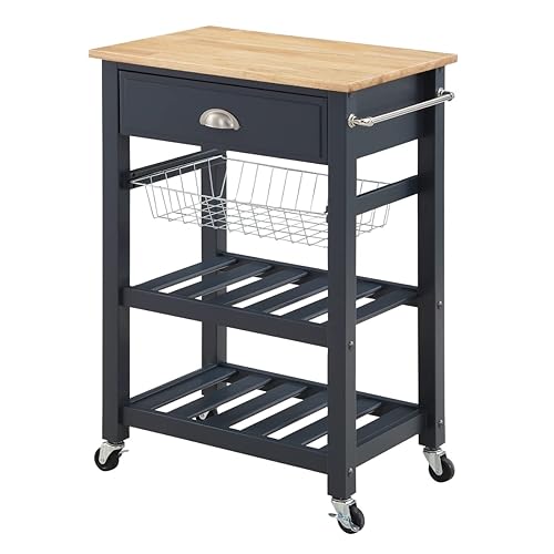 OS Home and Office Furniture Model HMPNW-70 Hampton Kitchen Cart in Blue with Solid Rubberwood Top