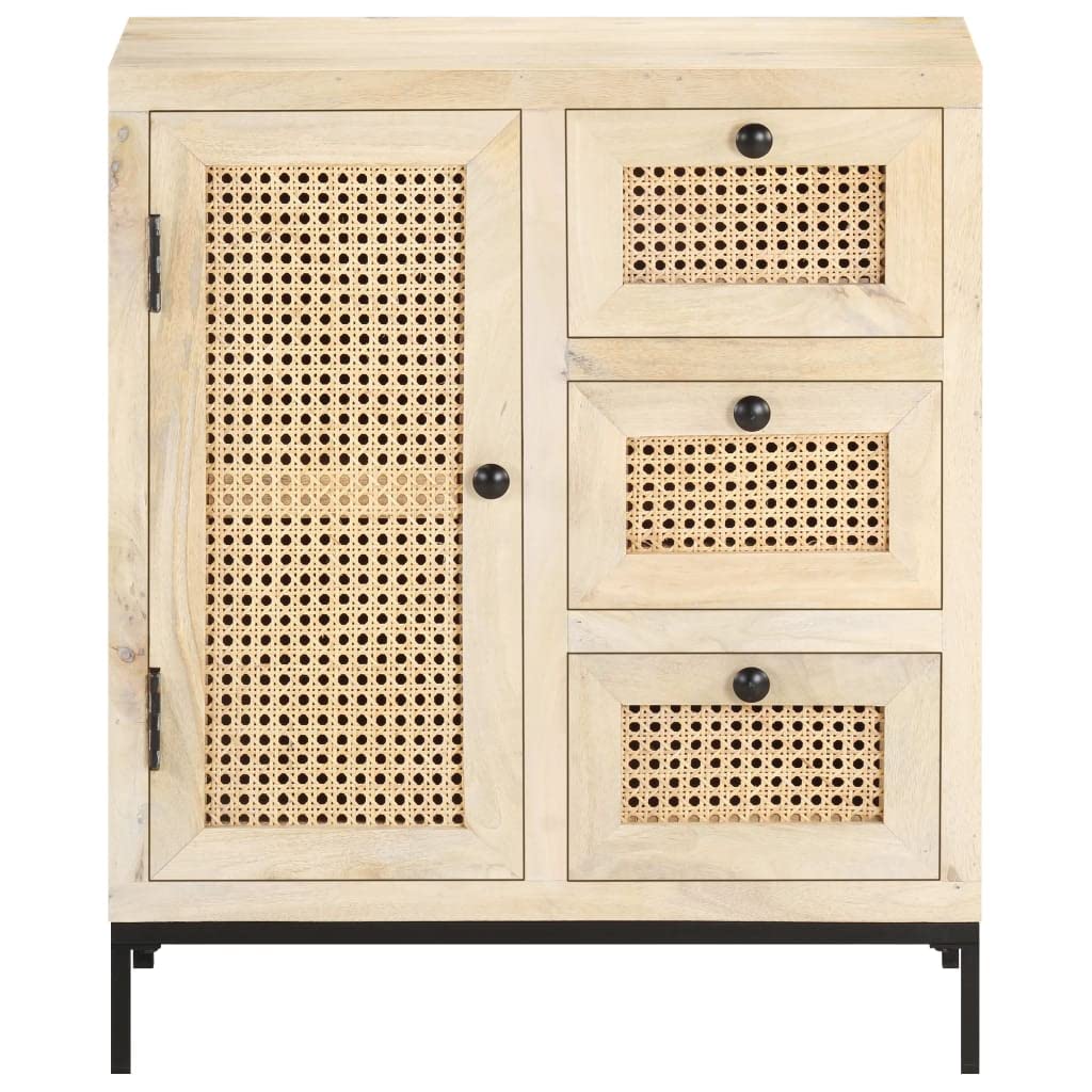 vidaXL Solid Mango Wood and Natural Cane Sideboard - Charming Rustic Style, Ample Storage, Durable Steel Base, Unique Hand-Woven Patterns, Requires Assembly