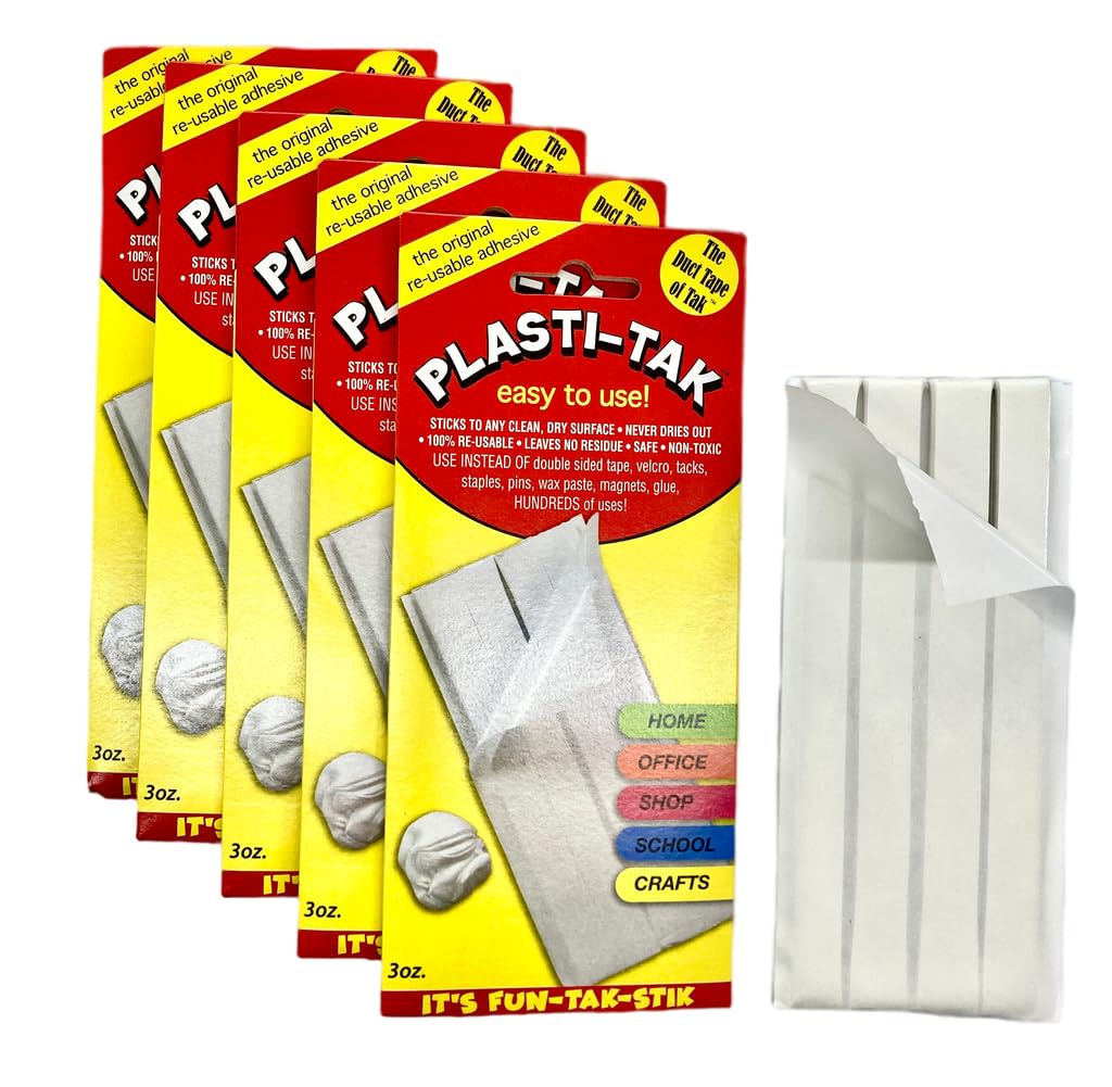 Plasti-Tak The Original Re-Usable Adhesive Putty- 'The Duct Tape Of Tak' Never Dries Out, Hundreds Of Uses! (5 Pack)