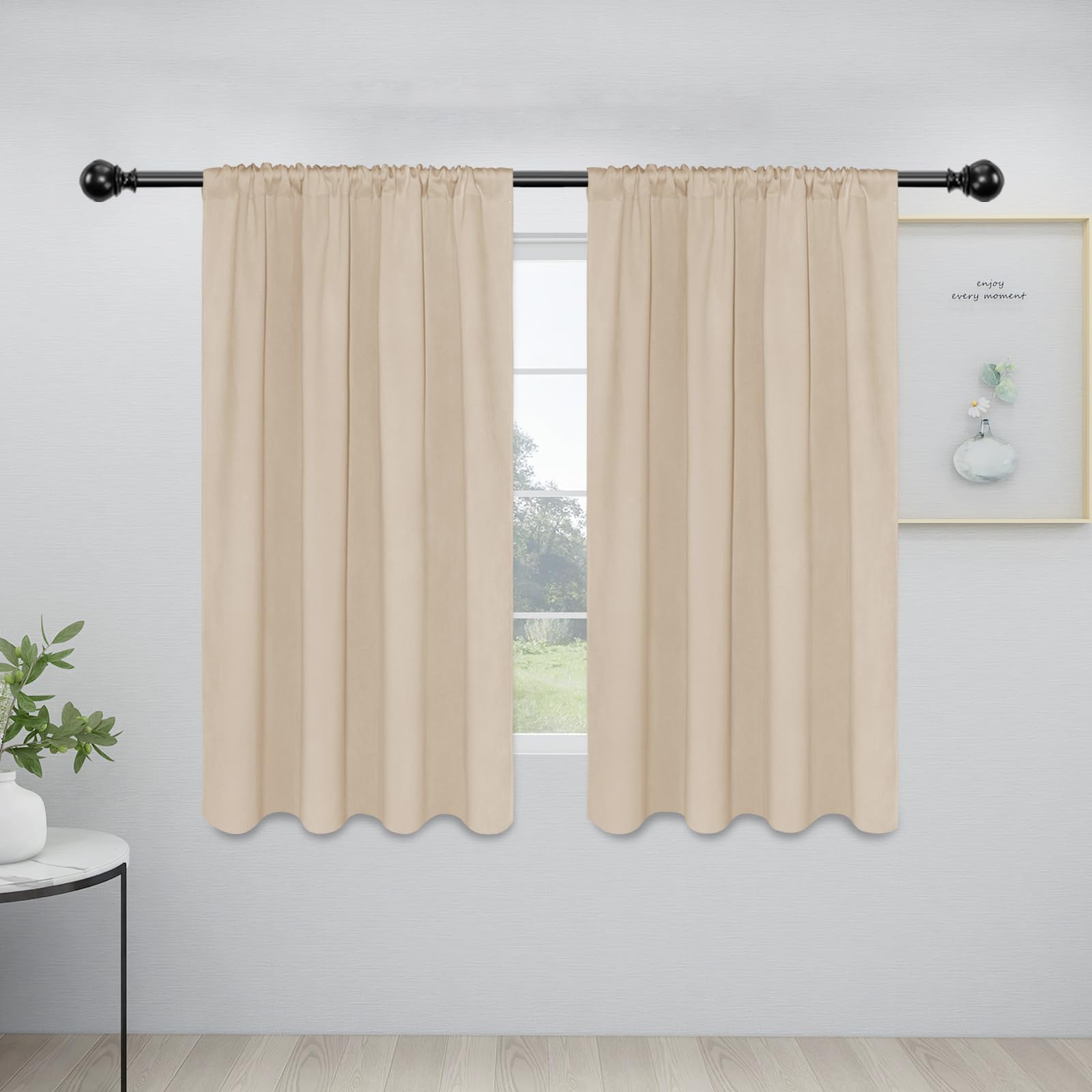 Easy-Going Rod Pocket Blackout Curtains For Bedroom, Room Darkening Window Curtains For Living Room, Thermal Insulated Noise Reduction Solid Window Drapes, 2 Panels(34X54 In, Beige)
