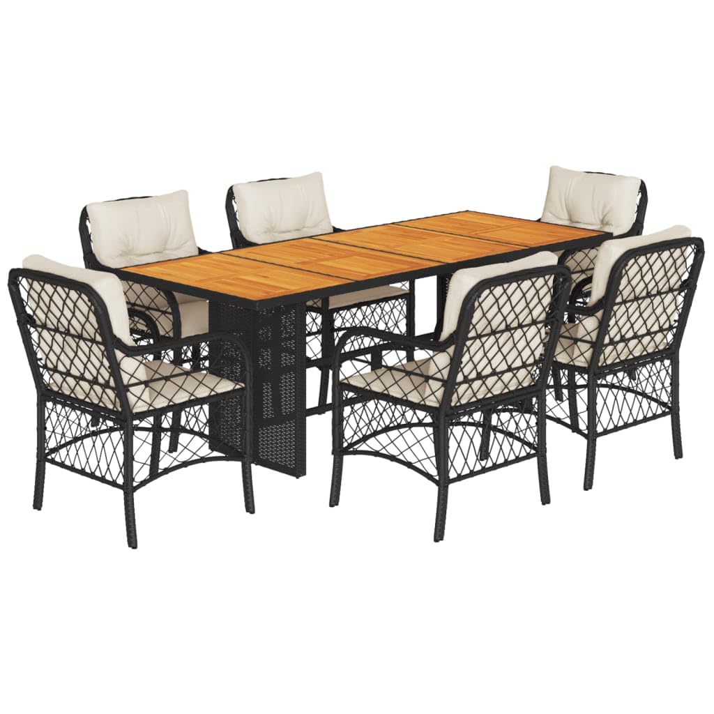 vidaXL 7 Piece Patio Dining Set - Black Poly Rattan and Acacia Wood - Outdoor Garden Furniture with Cushions - Rectangular Table and 6 Chairs