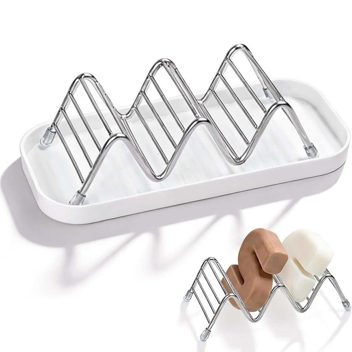 Stainless Steel Wave Soap Dish with Drain Tray W Shaped DoubleSided Soap Holder, Rustproof Soap Stand for Bathroom, Shower, Kit