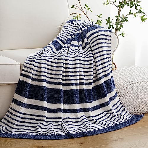Battilo Home Navy And White Throw Blanket For Couch, Navy Throw Blanket, Super Soft Cozy Chenille Knit Throw Blanket For Chair,