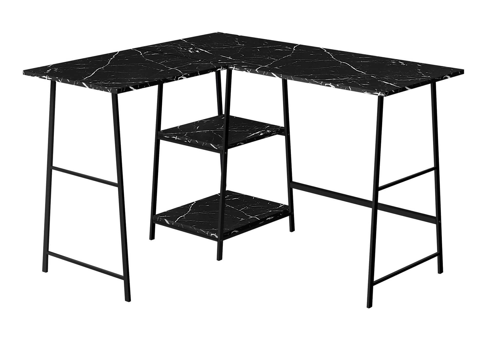 Monarch Specialties 7594 Computer Desk, Home Office, Corner, Storage Shelves, 48' Shape, Work, Laptop, Metal, Laminate, Look, Contemporary Desk-48 L Black Marble Black, 42' L x 47.25' W x 30' H