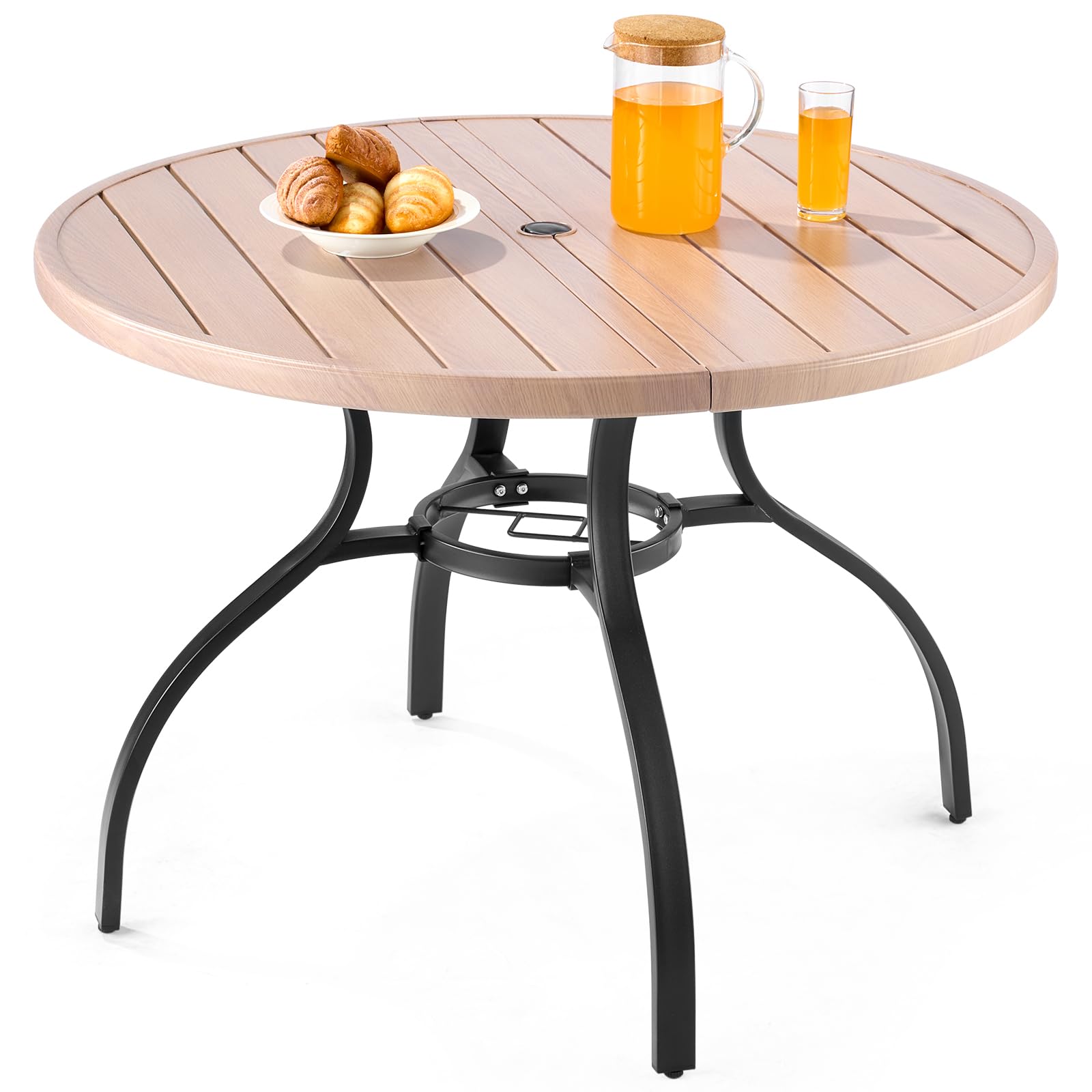VEVOR Outdoor Patio Dining Table, 41 inch Round Wood-Like Steel Slat Backyard Bistro Coffee Tables for 4, with 1.5 in Umbrella H