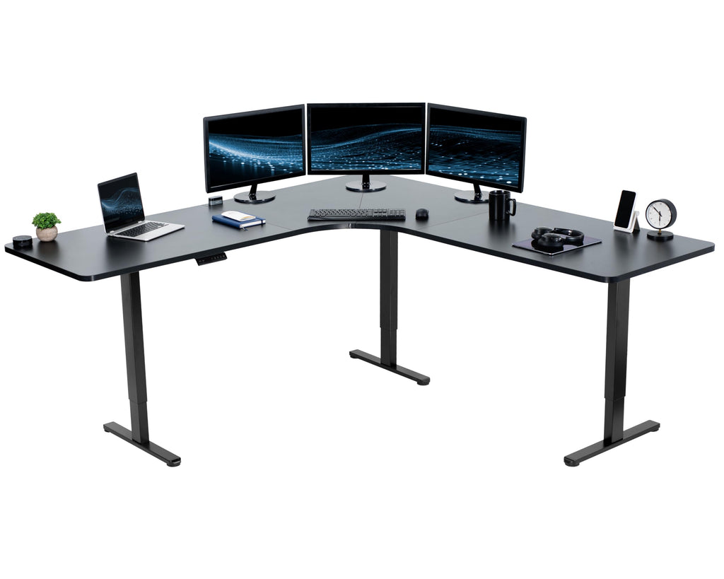 Vivo Electric Height Adjustable 83 X 83 Inch Curved Corner Stand Up Desk, Black Table Top, Black Frame, Memory Controller, L-Shaped Workstation, E3C Series, Desk-Kit-E3Cb83B